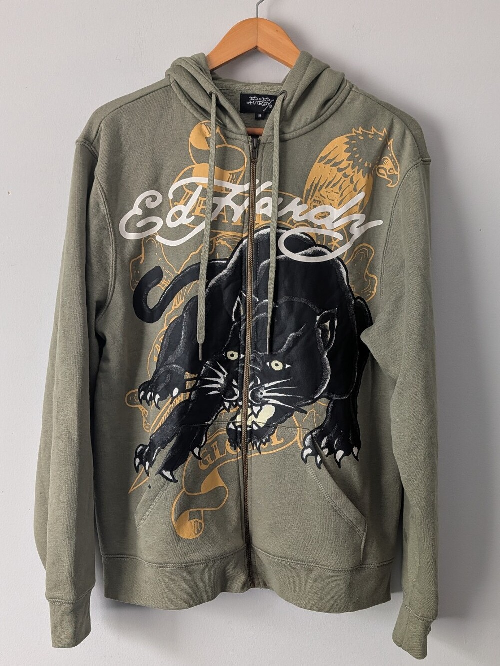 Ed Hardy Panther Eagle Zip Up Hoodie Olive Green Y2K Grunge Sz M Tattoo Graphic